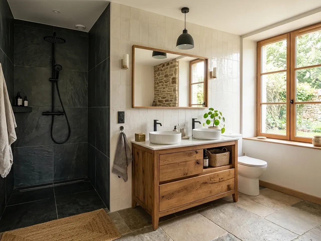 la même salle de bain rénovée, douche à l’italienne ardoise, vasque bois, faïence claire, éclairage soigné, même angle exact que l’avant