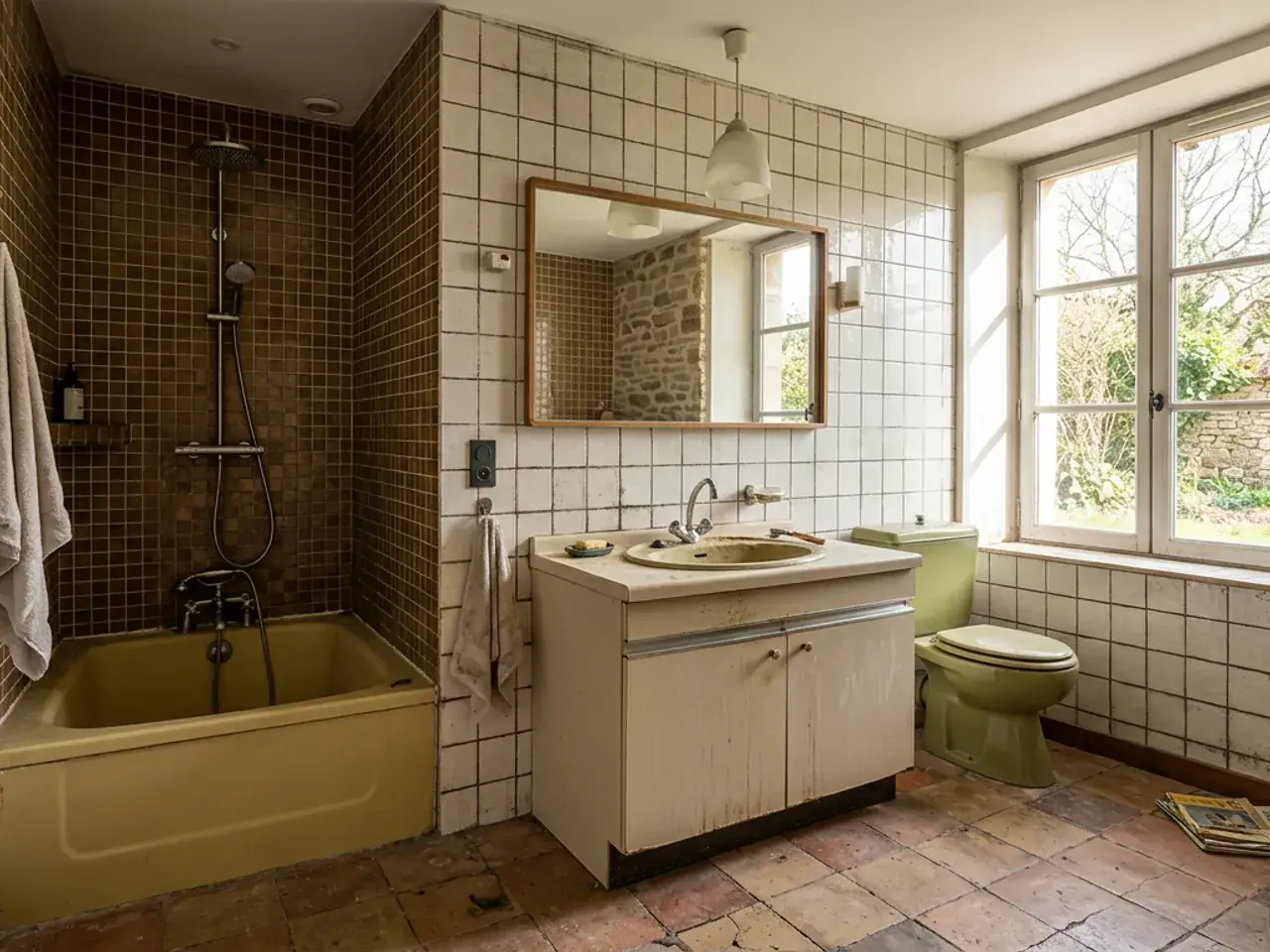salle de bain ancienne datée, baignoire jaunie, carrelage marron des années 80, faïence fatiguée, lumière crue, même angle que l’après