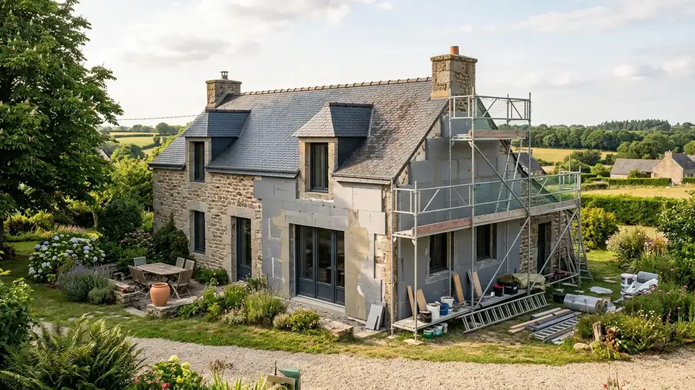 Maison morbihannaise en rénovation énergétique, pose d’isolation extérieure et menuiseries neuves, étiquette énergie DPE en surimpression discrète, lumière naturelle, plan large