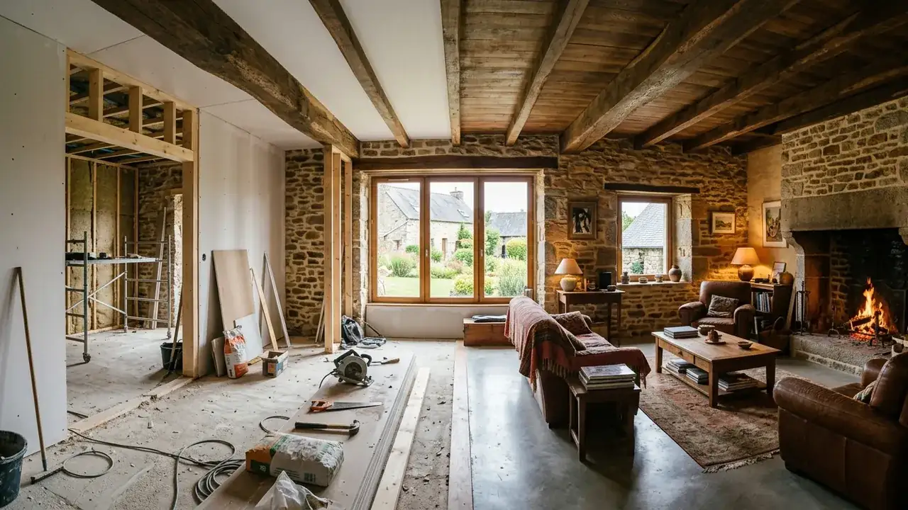 Chantier de rénovation de maison dans le Morbihan, intérieur en cours de travaux et pièce finie en regard, tons chauds, plan large illustratif