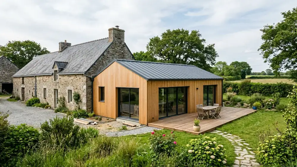 Extension de maison contemporaine accolée à une maison en pierre, ossature et grandes baies, jardin, fin de chantier, plan large illustratif