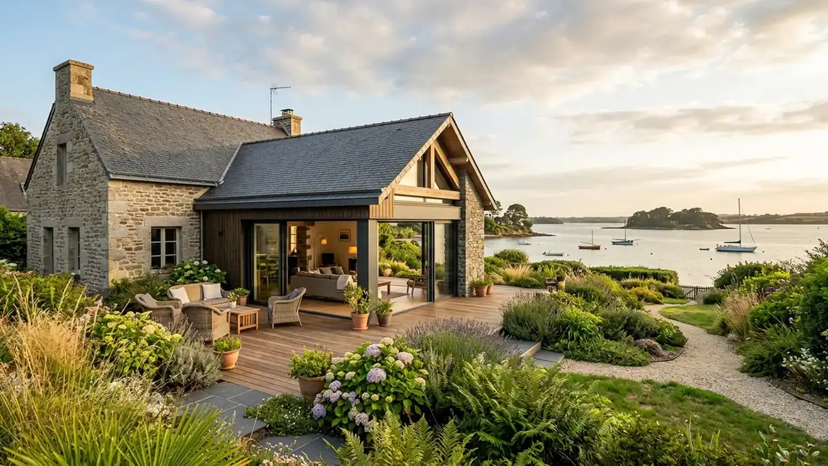 Extension de maison en plain-pied réalisée dans le Golfe du Morbihan, grandes baies vitrées ouvertes sur jardin, toiture ardoise raccordée à la maison en pierre, lumière de fin d’après-midi, plan large paysage
