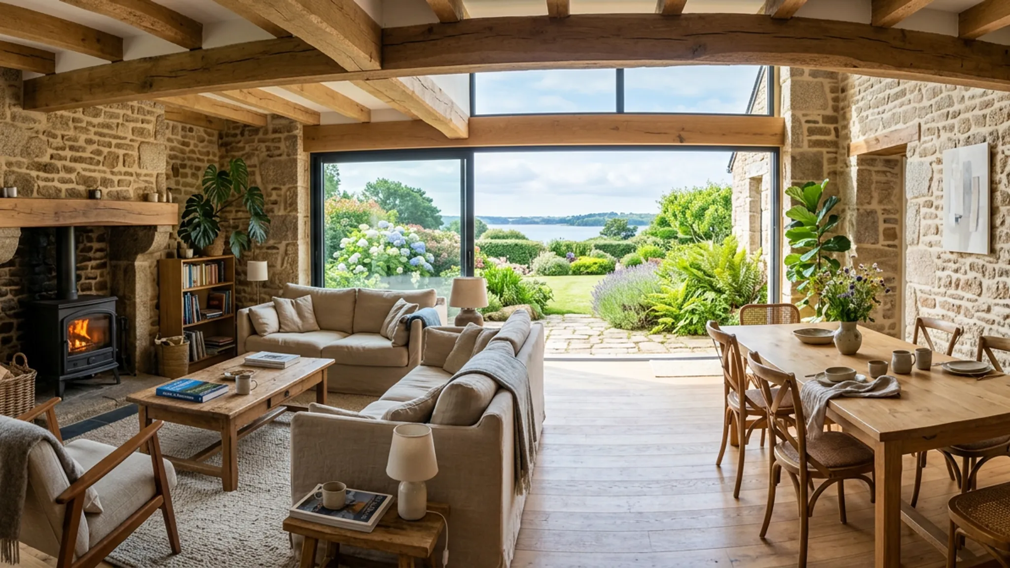 Intérieur d’une longère du Golfe du Morbihan entièrement rénovée, séjour ouvert et lumineux, mur en pierre, poutres bois, grande baie sur jardin, lumière du matin, ambiance chaleureuse et haut de gamme mais habitée, plan large horizontal