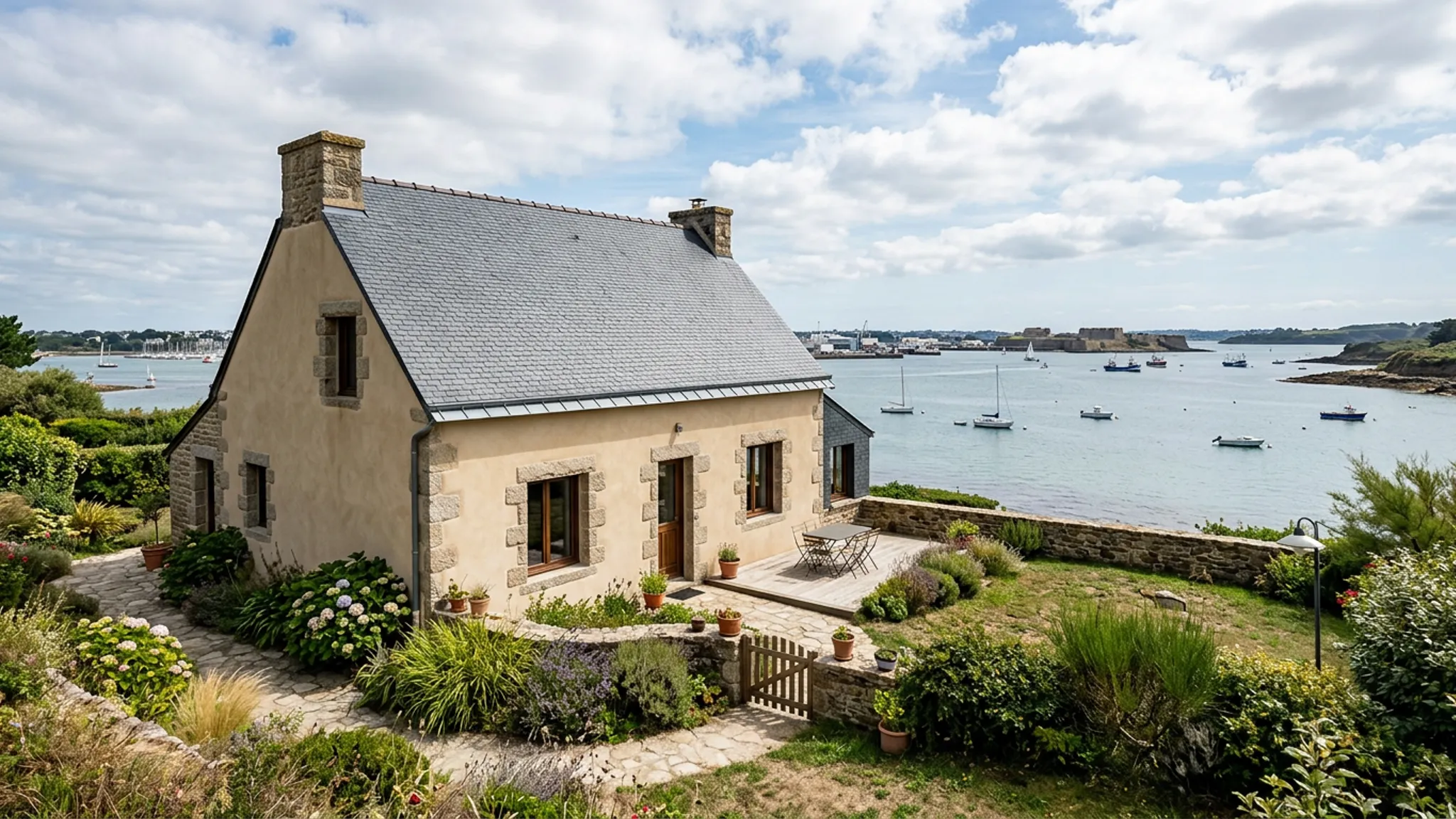 Maison d’après-guerre rénovée à Lorient, façade isolée et menuiseries neuves, ambiance bord de rade, ciel breton lumineux, plan large paysage