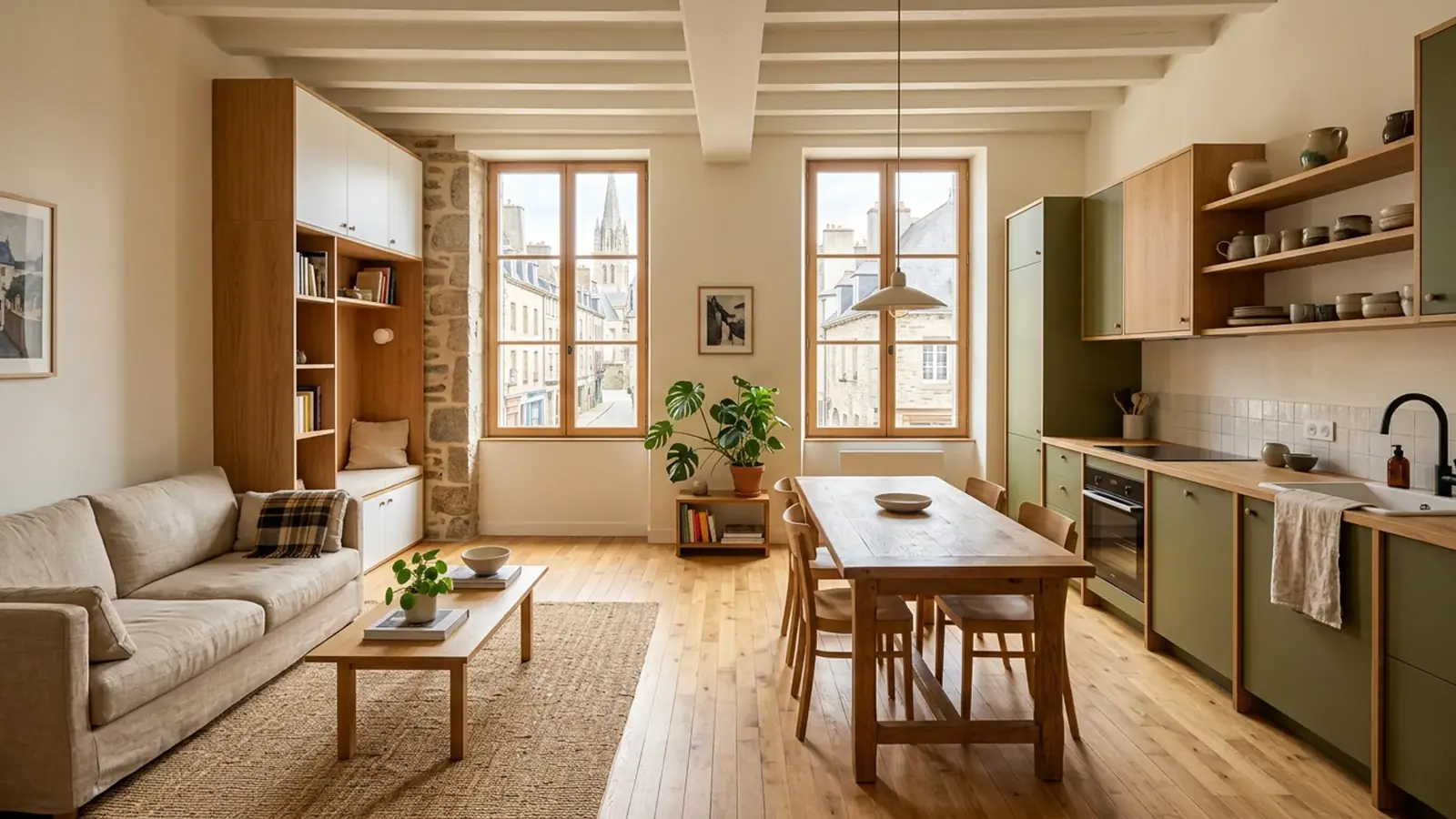Appartement rénové en centre de Vannes, séjour lumineux avec cuisine ouverte, parquet clair, rangements sur mesure, optimisation des volumes, lumière du jour, plan large