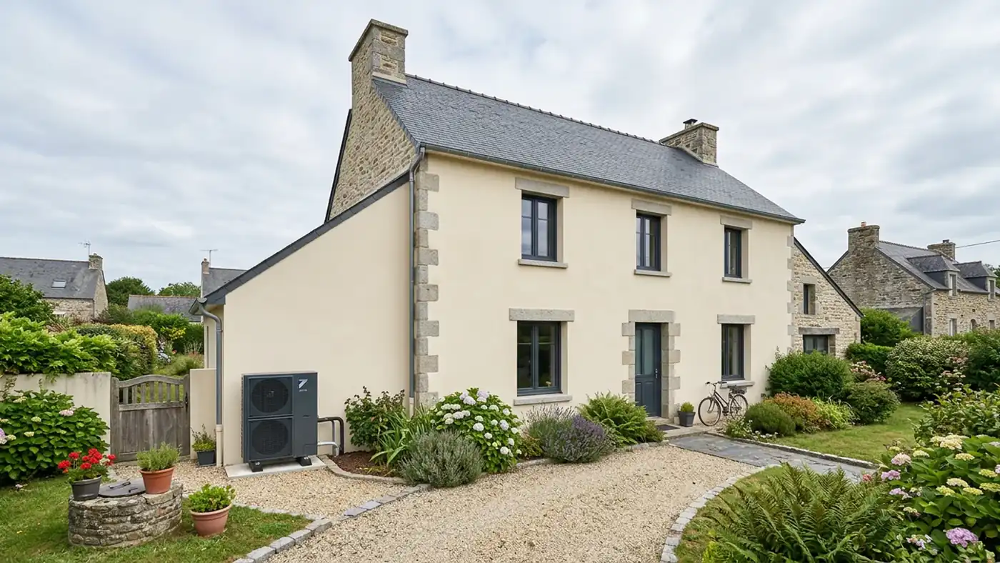 Maison morbihannaise après rénovation énergétique, façade isolée et ravalée enduit clair, menuiseries neuves anthracite, pompe à chaleur discrète, ciel doux, plan large frontal