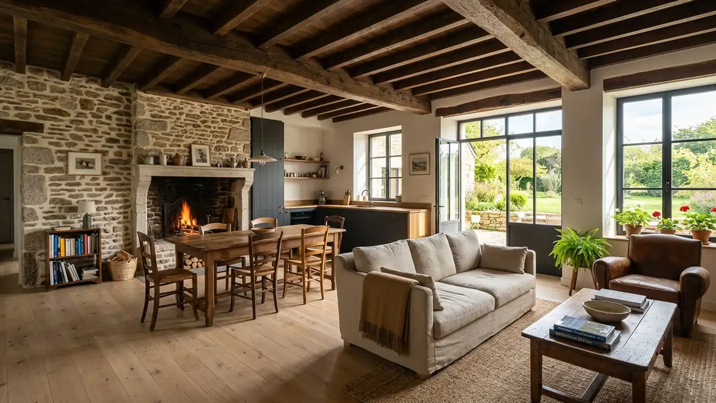 Intérieur d’une maison de pays entièrement rénovée dans le Morbihan, séjour ouvert, mur en pierre rejointoyé, poutres bois, sol clair, grande lumière naturelle, ambiance chaleureuse, plan large