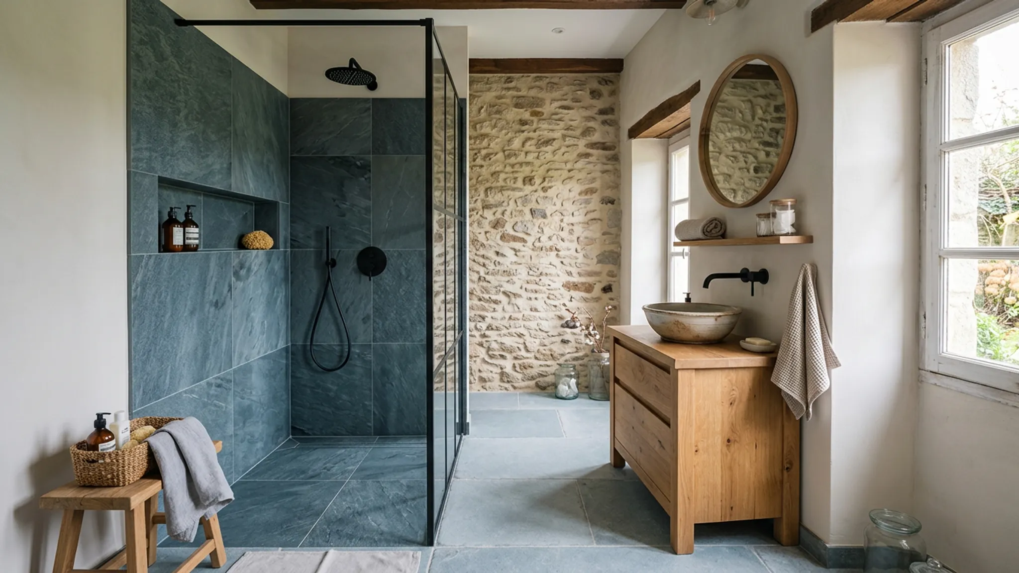 Salle de bain rénovée, douche à l’italienne carrelage effet ardoise gris-bleu, vasque sur meuble bois, robinetterie noire, lumière naturelle douce, plan large soigné