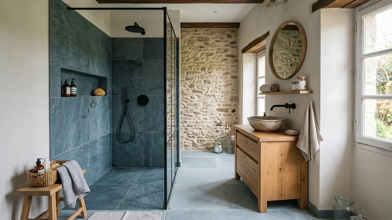 Salle de bain rénovée, douche à l’italienne carrelage effet ardoise gris-bleu, vasque sur meuble bois, robinetterie noire, lumière naturelle douce, plan large soigné
