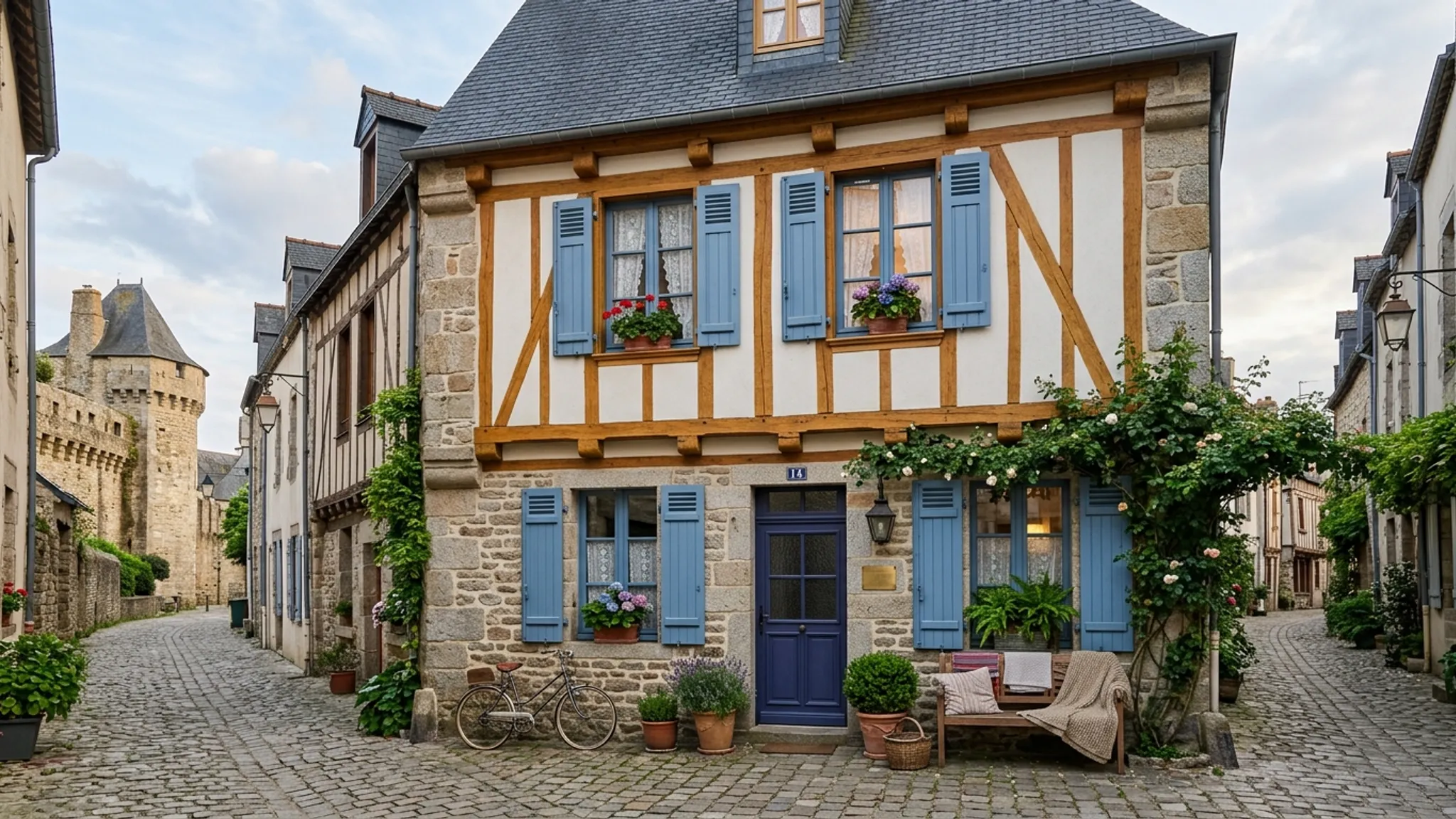 Maison de ville rénovée à Vannes, façade de pierre et pans de bois ravalés près de l’intra-muros, lumière douce, ambiance habitée, plan large paysage