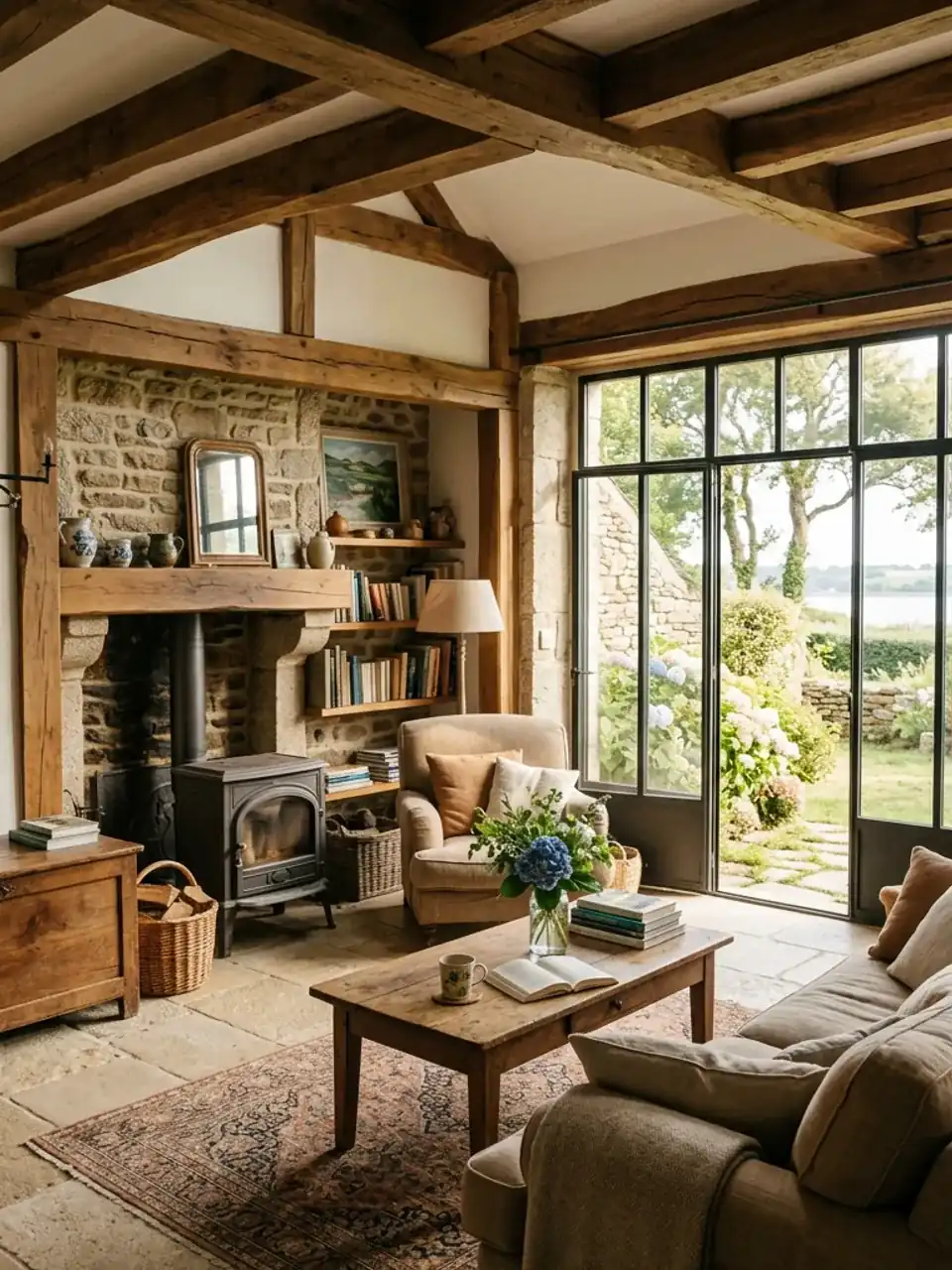 Séjour d’une longère du Golfe du Morbihan rénovée, poutres bois apparentes, sol pierre claire, grande lumière du matin par une baie, ambiance chaleureuse et habitée, plan large vertical