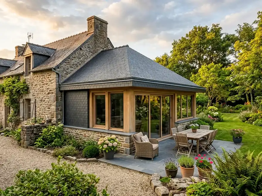 Extension de maison en plain-pied avec grandes baies vitrées sur jardin, toiture ardoise raccordée à l’existant en pierre, fin d’après-midi, plan large 3/4