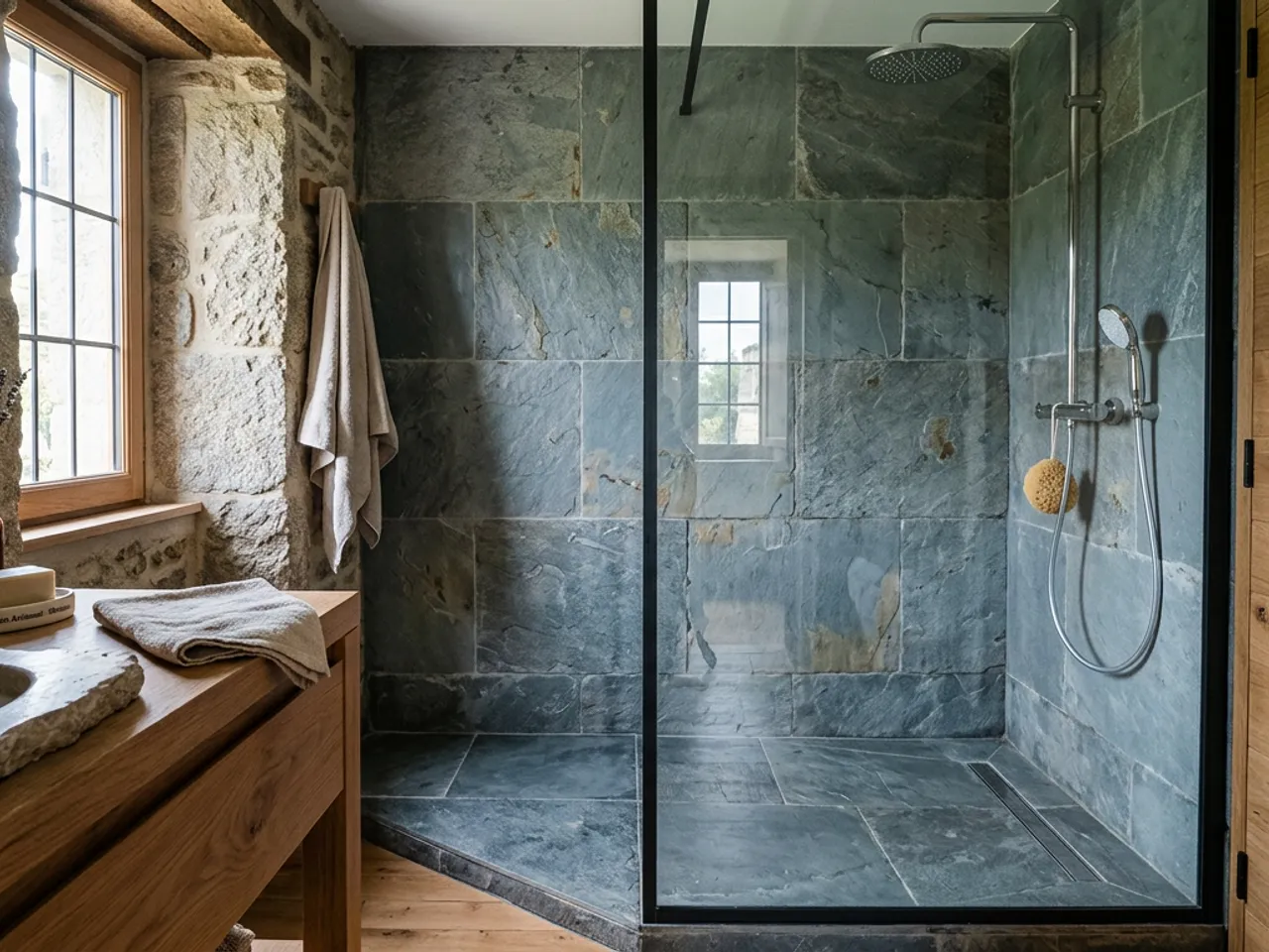 Salle de bain rénovée, douche à l’italienne carrelage effet ardoise gris-bleu, vasque bois, lumière naturelle douce, cadrage serré sur la douche