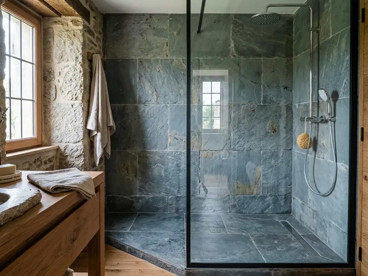 Salle de bain rénovée, douche à l’italienne carrelage effet ardoise gris-bleu, vasque bois, lumière naturelle douce, cadrage serré sur la douche