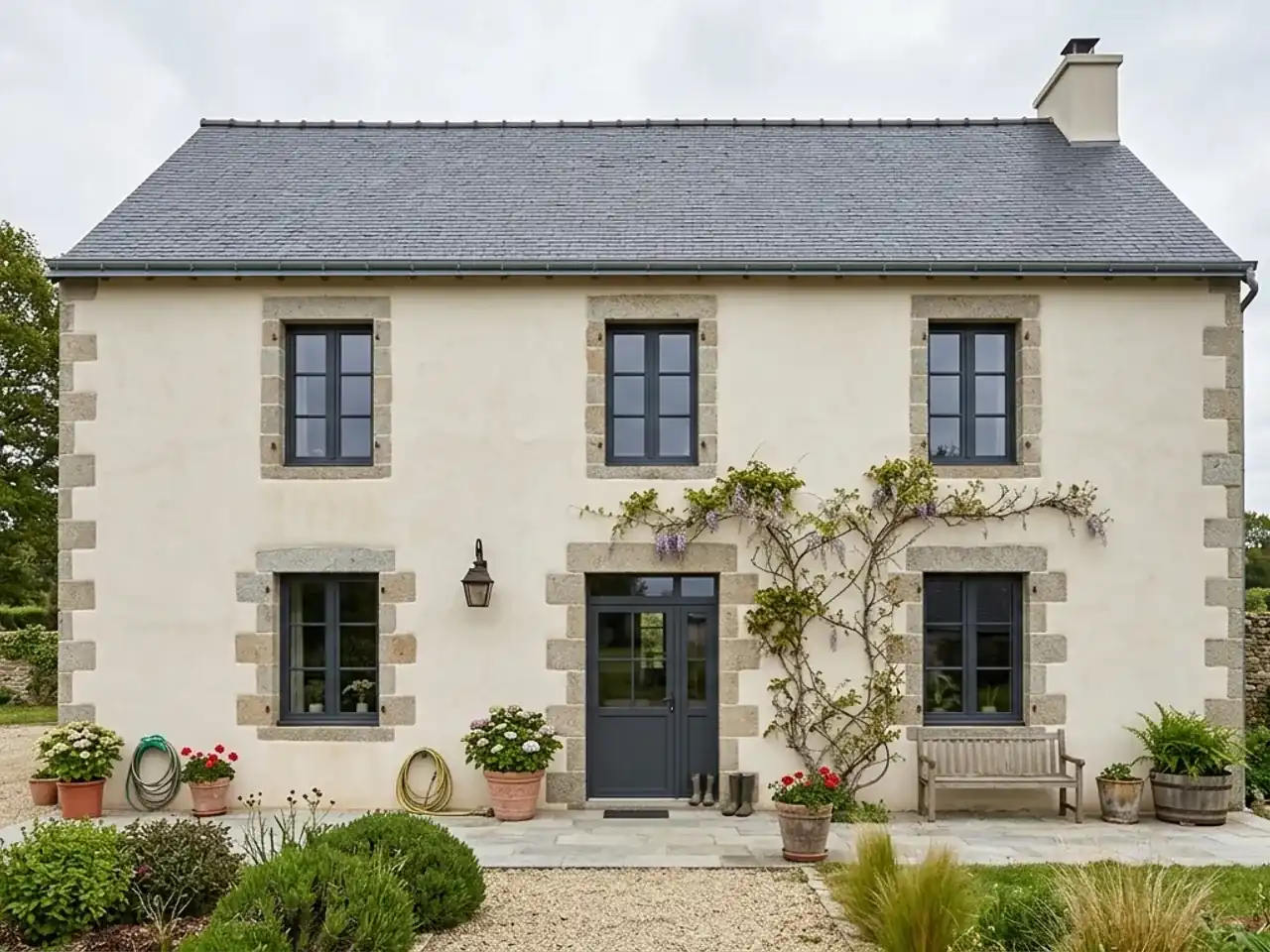 Façade de maison morbihannaise après isolation extérieure et ravalement enduit clair, menuiseries neuves anthracite, ciel voilé, plan large frontal