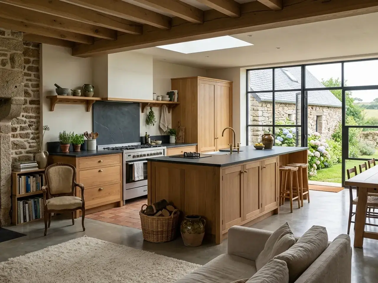 Cuisine moderne ouverte sur séjour dans une maison rénovée, îlot central bois et pierre, lumière naturelle, tons chauds, plan large