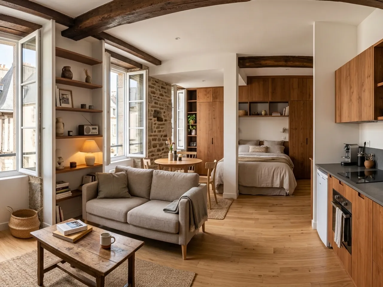 Petit appartement rénové en centre de Vannes, cuisine ouverte gain de place, rangements sur mesure, parquet clair, lumineux, plan large